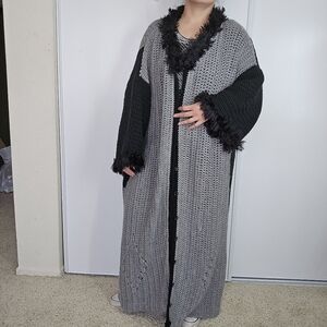 Vintage handmade‎ Long Oversized Knit Cardigan Giant One Size Grey Black Crochet